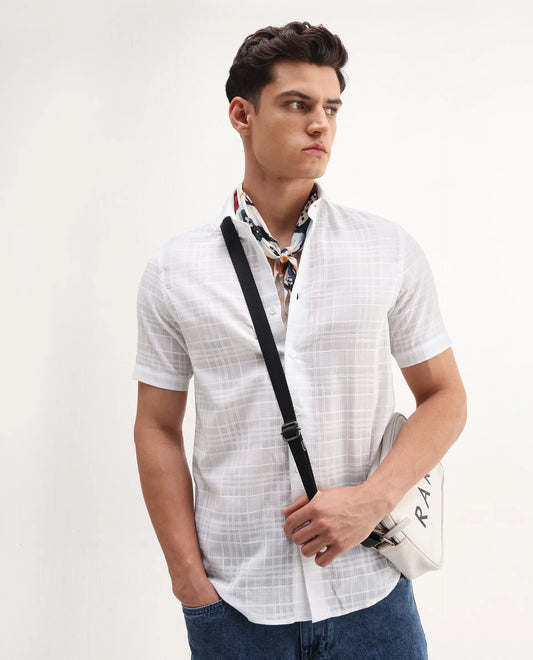 Rare Rabbit Men's Parcor White Cotton Checked Print Regular Fit Half Sleeve Collared Shirt