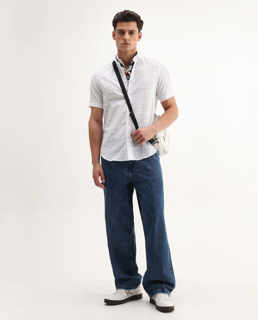 Rare Rabbit Men's Parcor White Cotton Checked Print Regular Fit Half Sleeve Collared Shirt