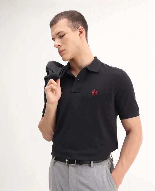 Rare Rabbit Men's Pare-1 Black Cotton Plain Regular Fit Half Sleeve Polo