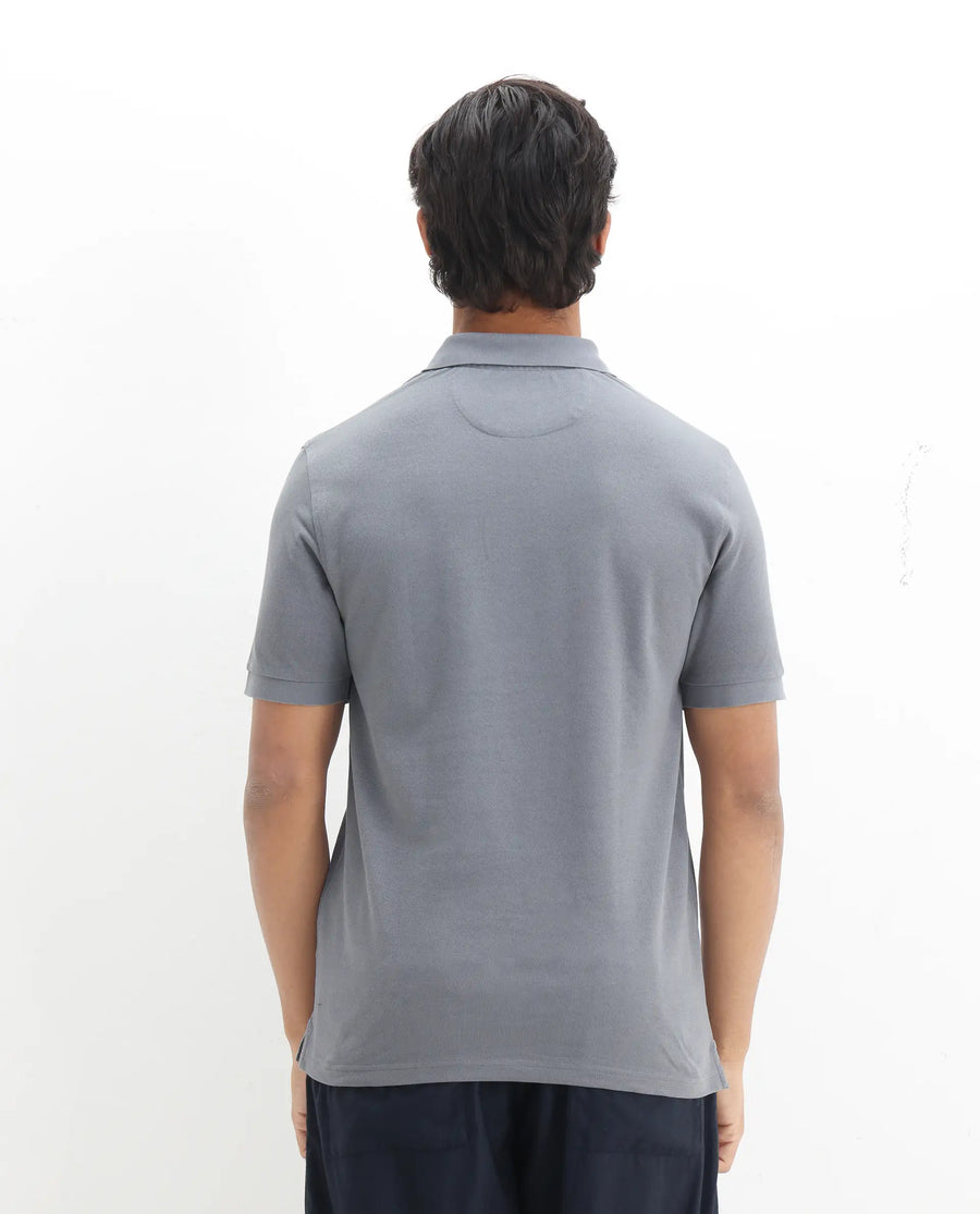 Rare Rabbit Men's Pareto Grey Cotton Embroidered Regular Fit Half Sleeve Polo