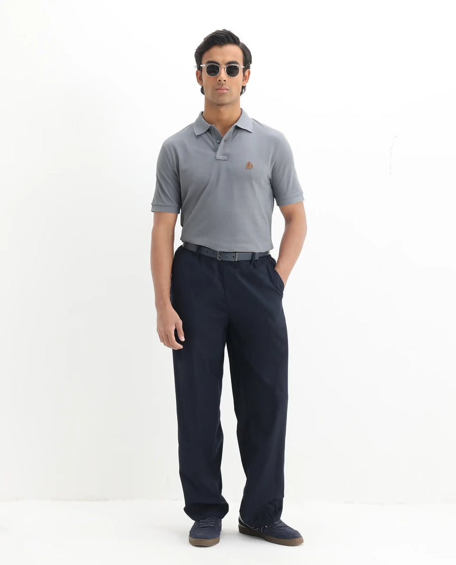 Rare Rabbit Men's Pareto Grey Cotton Embroidered Regular Fit Half Sleeve Polo