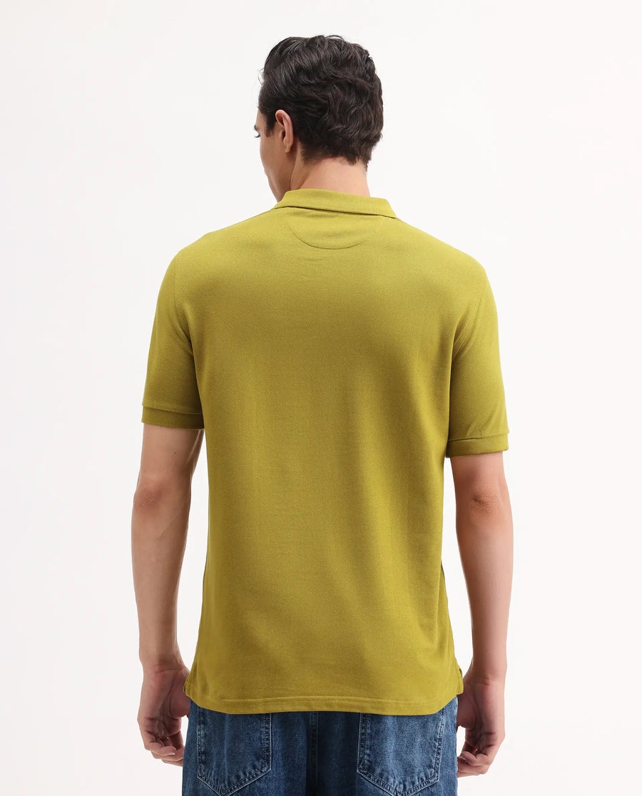 Rare Rabbit Men's Pareto Flouroscent Olive Cotton Embroidered Regular Fit Half Sleeve Polo
