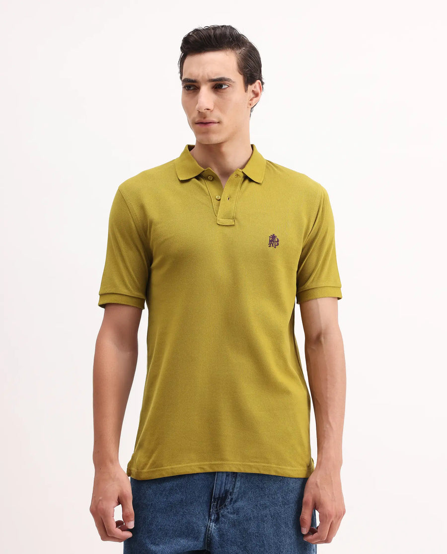 Rare Rabbit Men's Pareto Flouroscent Olive Cotton Embroidered Regular Fit Half Sleeve Polo