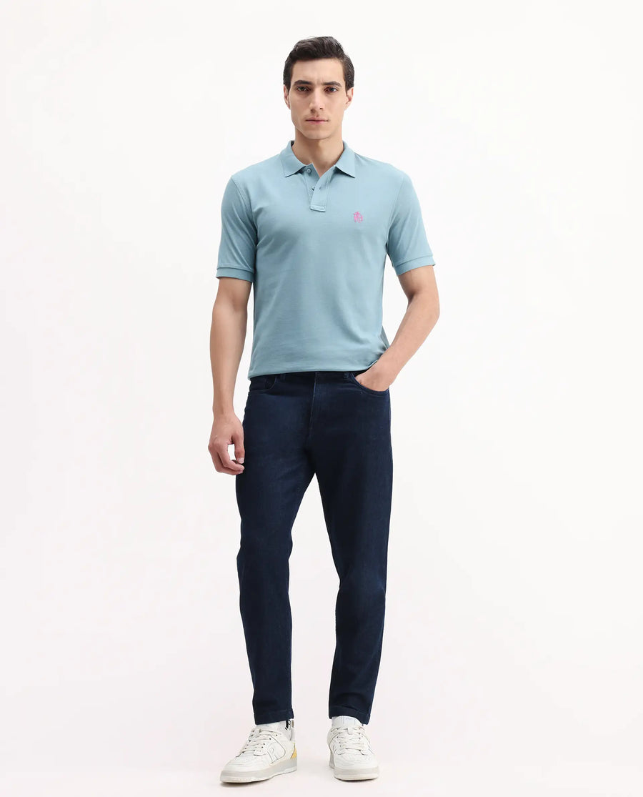Rare Rabbit Men's Pareto Teal Cotton Embroidered Regular Fit Half Sleeve Polo