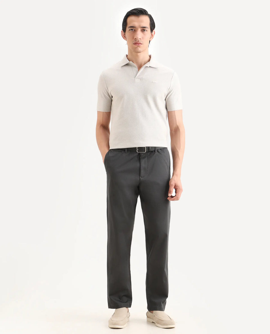 Rare Rabbit Men's Parga Dark Grey Cotton Blend Fabric Regular Fit Plain Trouser