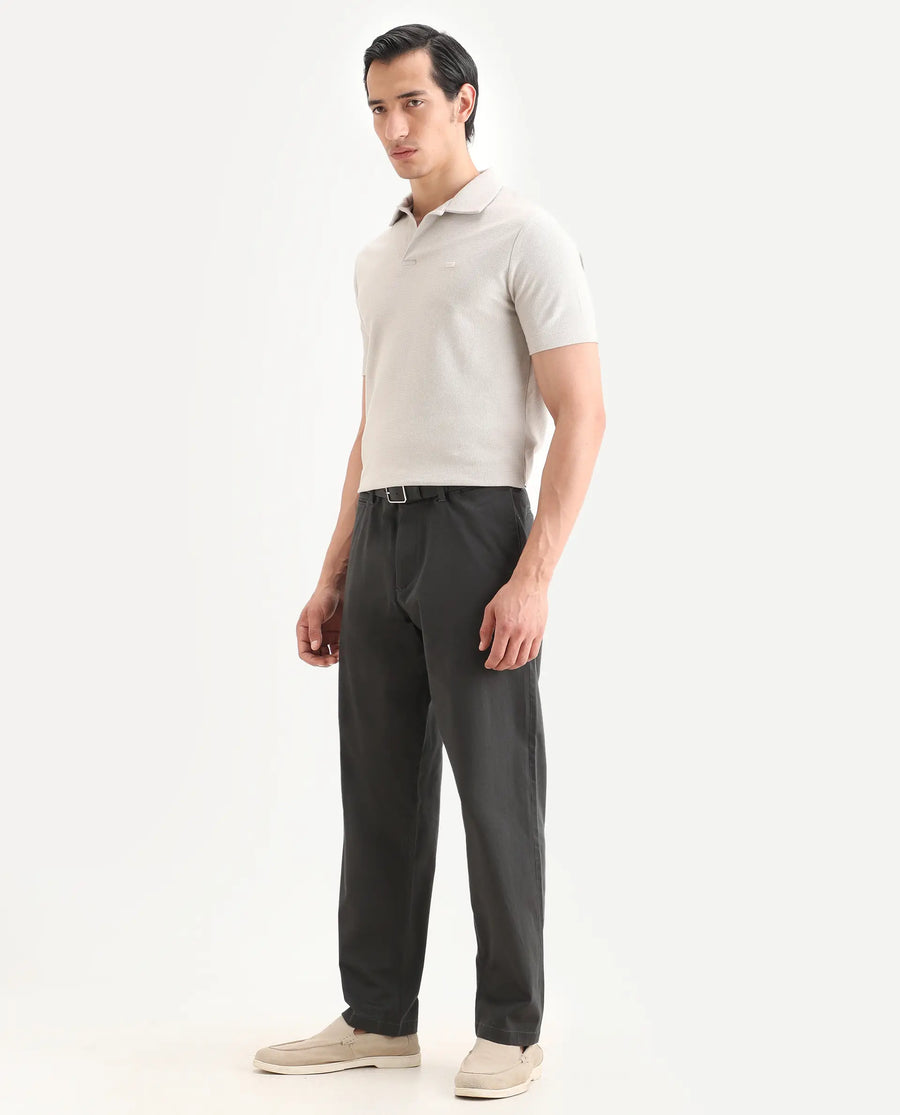 Rare Rabbit Men's Parga Dark Grey Cotton Blend Fabric Regular Fit Plain Trouser