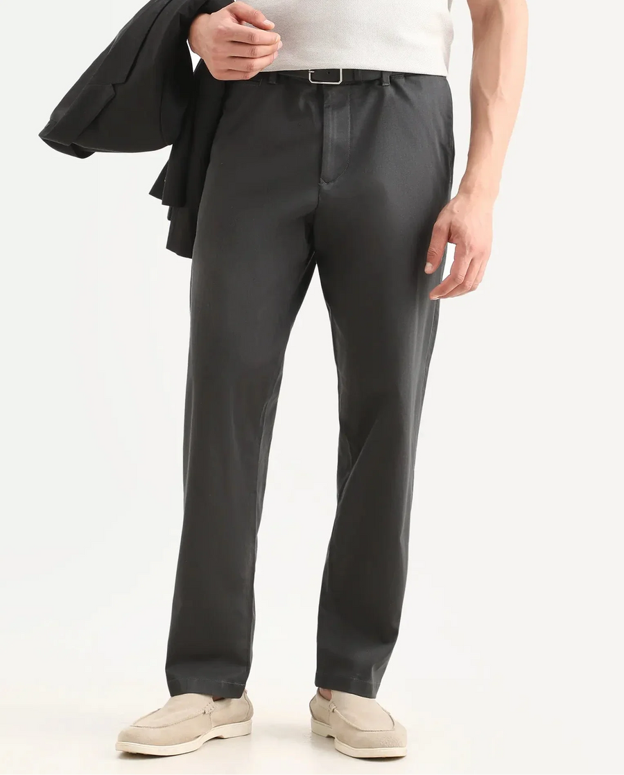 Rare Rabbit Men's Parga Dark Grey Cotton Blend Fabric Regular Fit Plain Trouser
