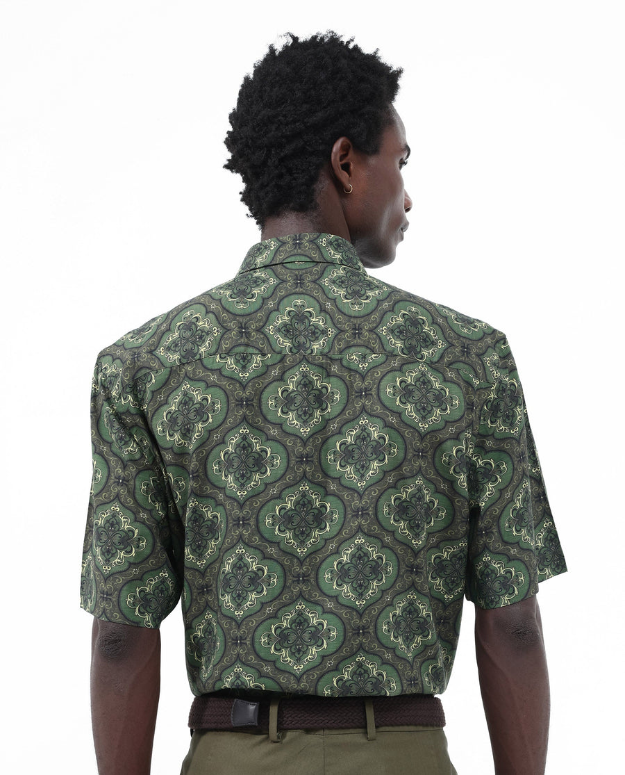 Rare Rabbit Men's Parkes Green Viscose Decorative Print Boxy Fit Half Sleeve Collared Shirt