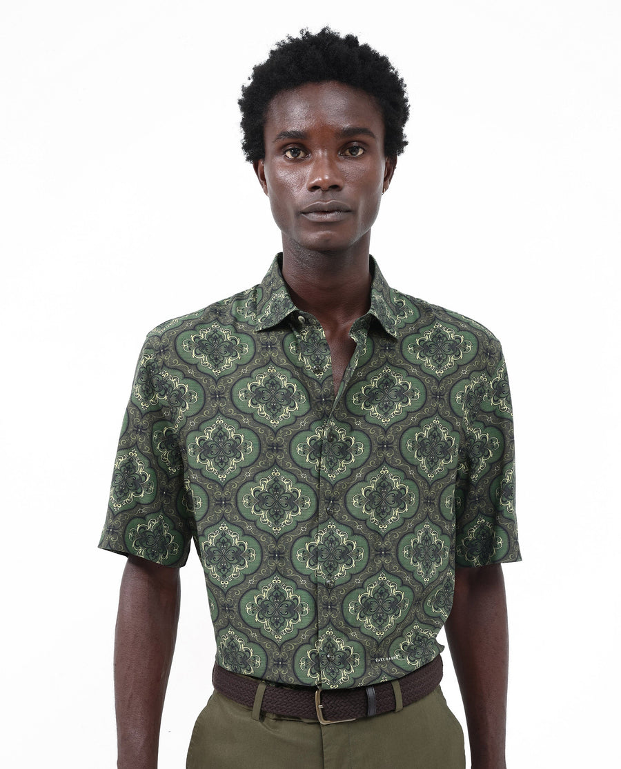 Rare Rabbit Men's Parkes Green Viscose Decorative Print Boxy Fit Half Sleeve Collared Shirt