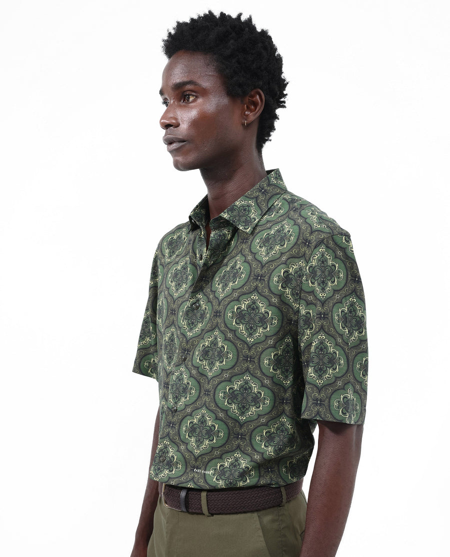 Rare Rabbit Men's Parkes Green Viscose Decorative Print Boxy Fit Half Sleeve Collared Shirt