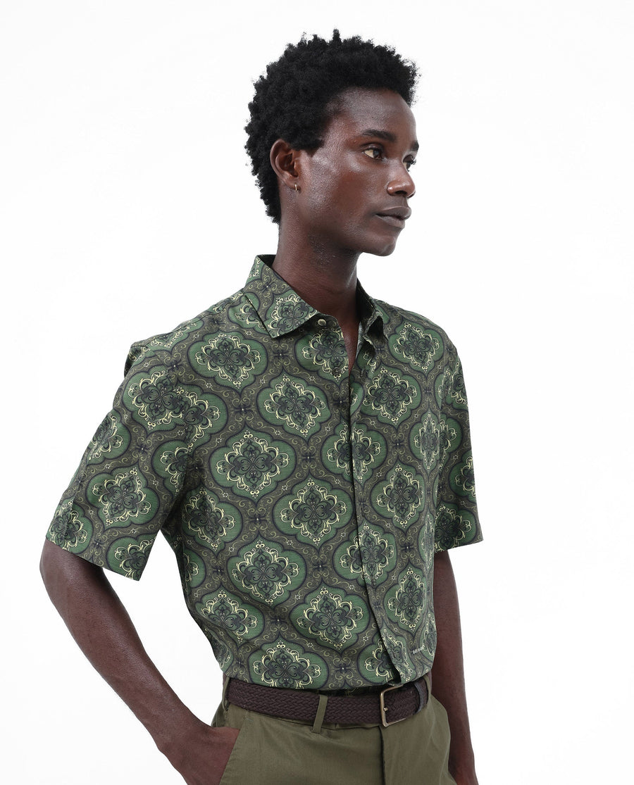 Rare Rabbit Men's Parkes Green Viscose Decorative Print Boxy Fit Half Sleeve Collared Shirt