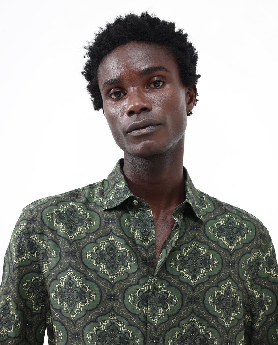 Rare Rabbit Men's Parkes Green Viscose Decorative Print Boxy Fit Half Sleeve Collared Shirt