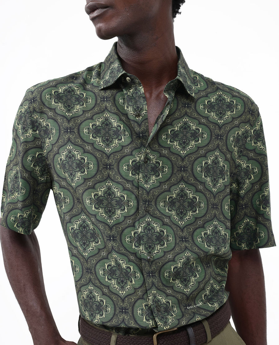 Rare Rabbit Men's Parkes Green Viscose Decorative Print Boxy Fit Half Sleeve Collared Shirt