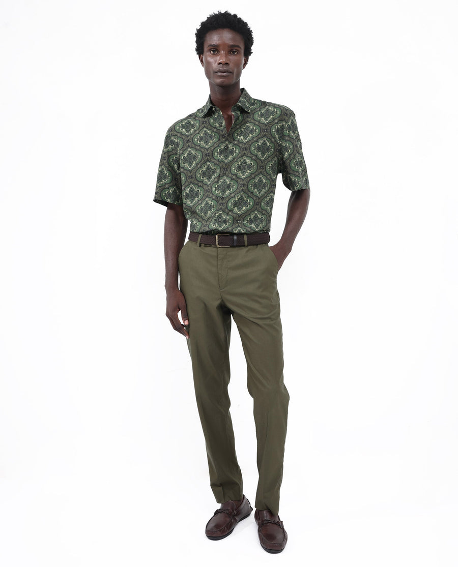 Rare Rabbit Men's Parkes Green Viscose Decorative Print Boxy Fit Half Sleeve Collared Shirt