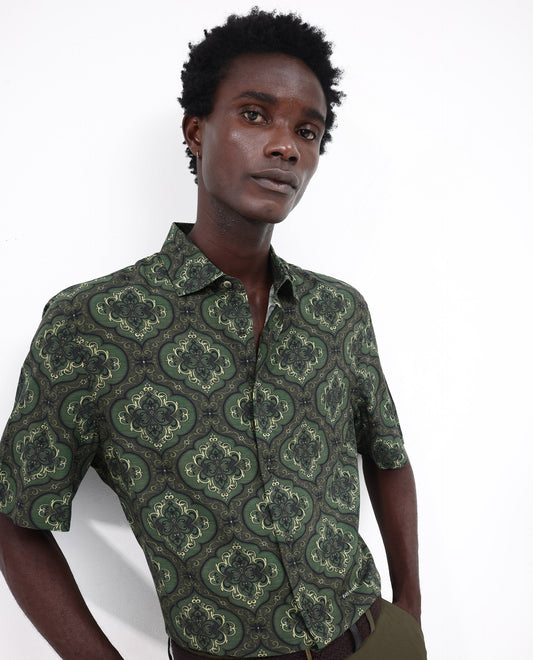 Rare Rabbit Men's Parkes Green Viscose Decorative Print Boxy Fit Half Sleeve Collared Shirt