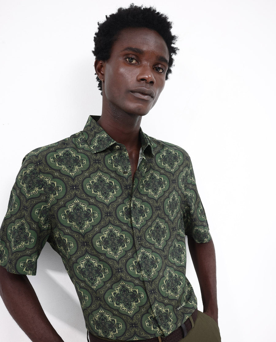 Rare Rabbit Men's Parkes Green Viscose Decorative Print Boxy Fit Half Sleeve Collared Shirt