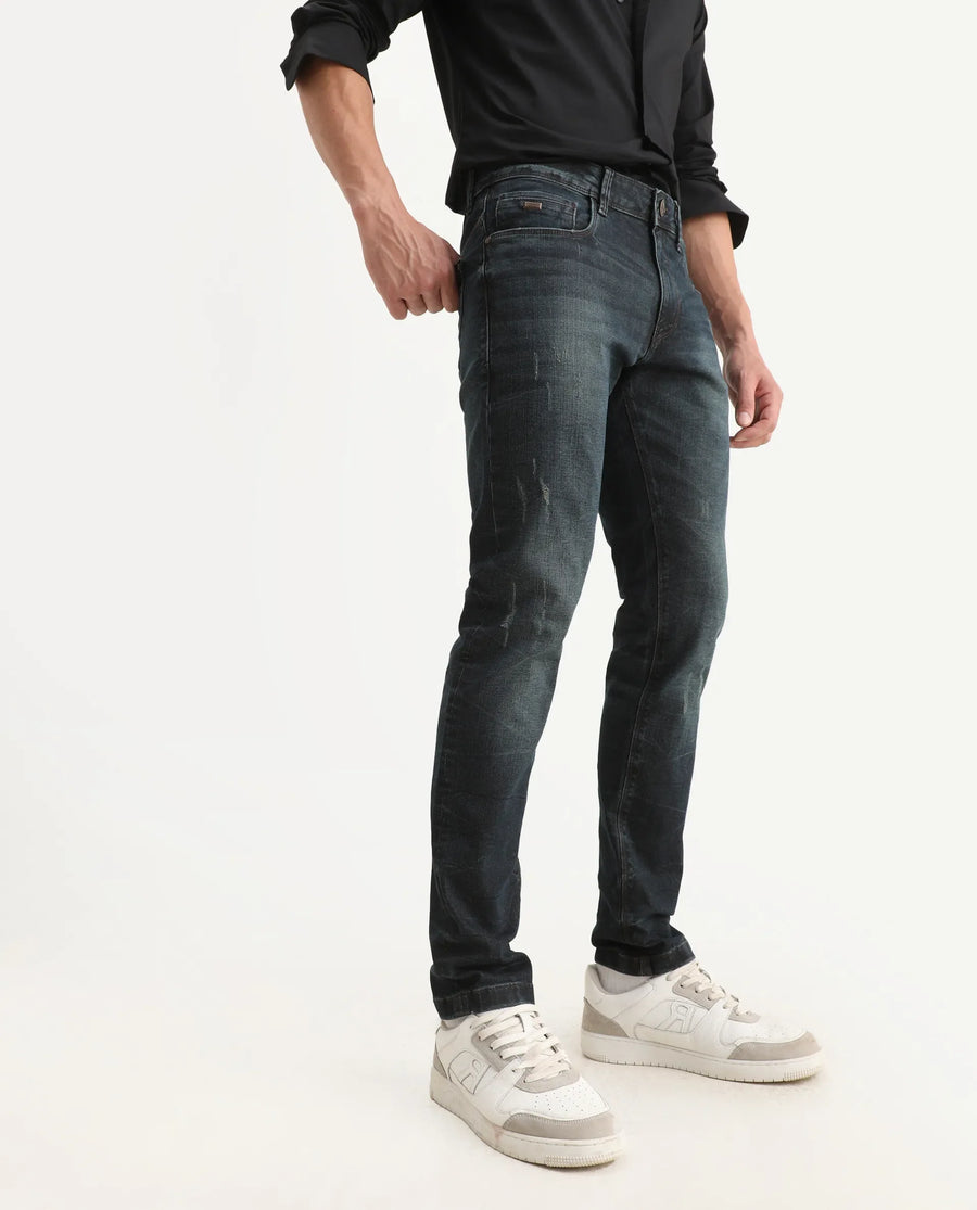 Rare Rabbit Men's Parle-1 Dark Blue Cotton Blend Fabric Hawk Slim Plain Jeans