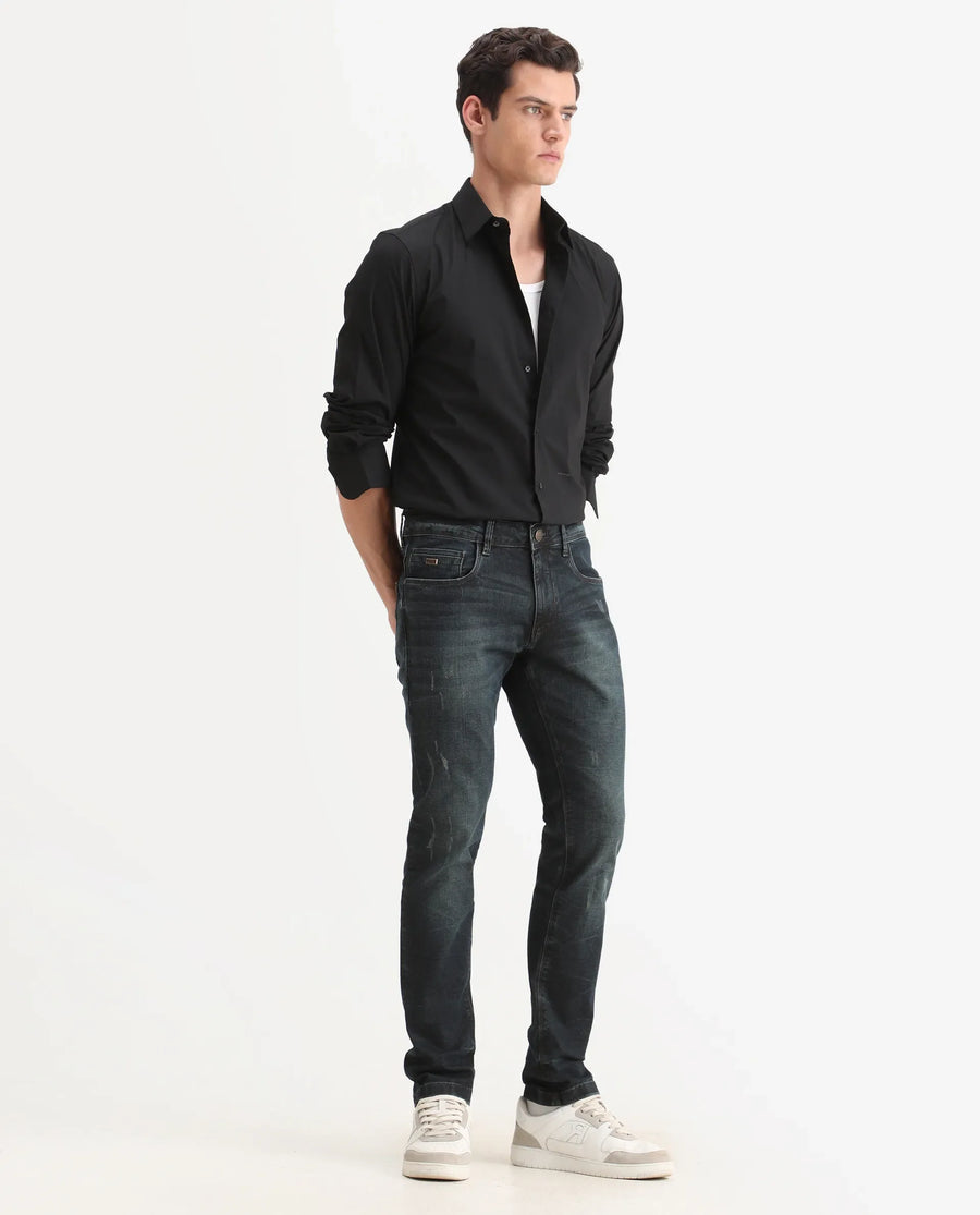 Rare Rabbit Men's Parle-1 Dark Blue Cotton Blend Fabric Hawk Slim Plain Jeans
