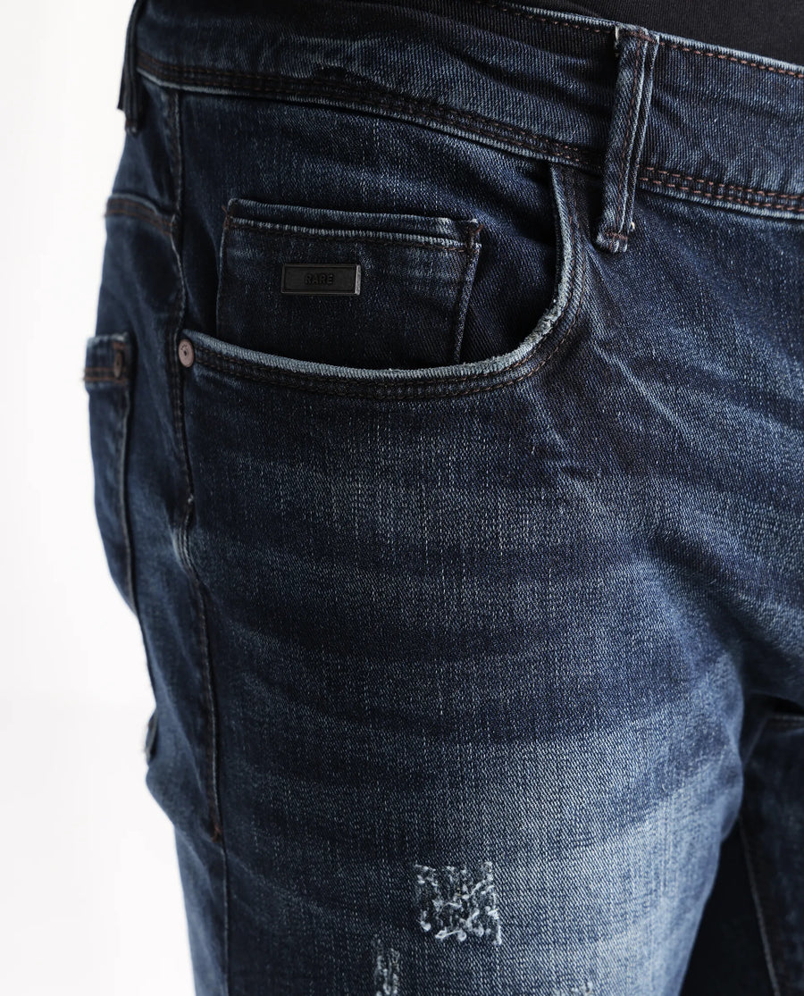 Rare Rabbit Men's Parle Navy Cotton Plain Hawk Slim Fit Jeans