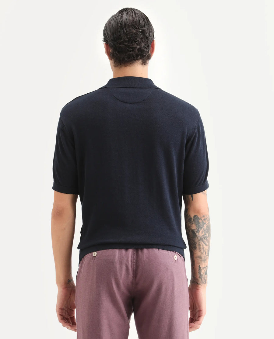 Rare Rabbit Men's Par Navy Cotton Fabric Full Sleeve Regular Fit Floral Print Polo