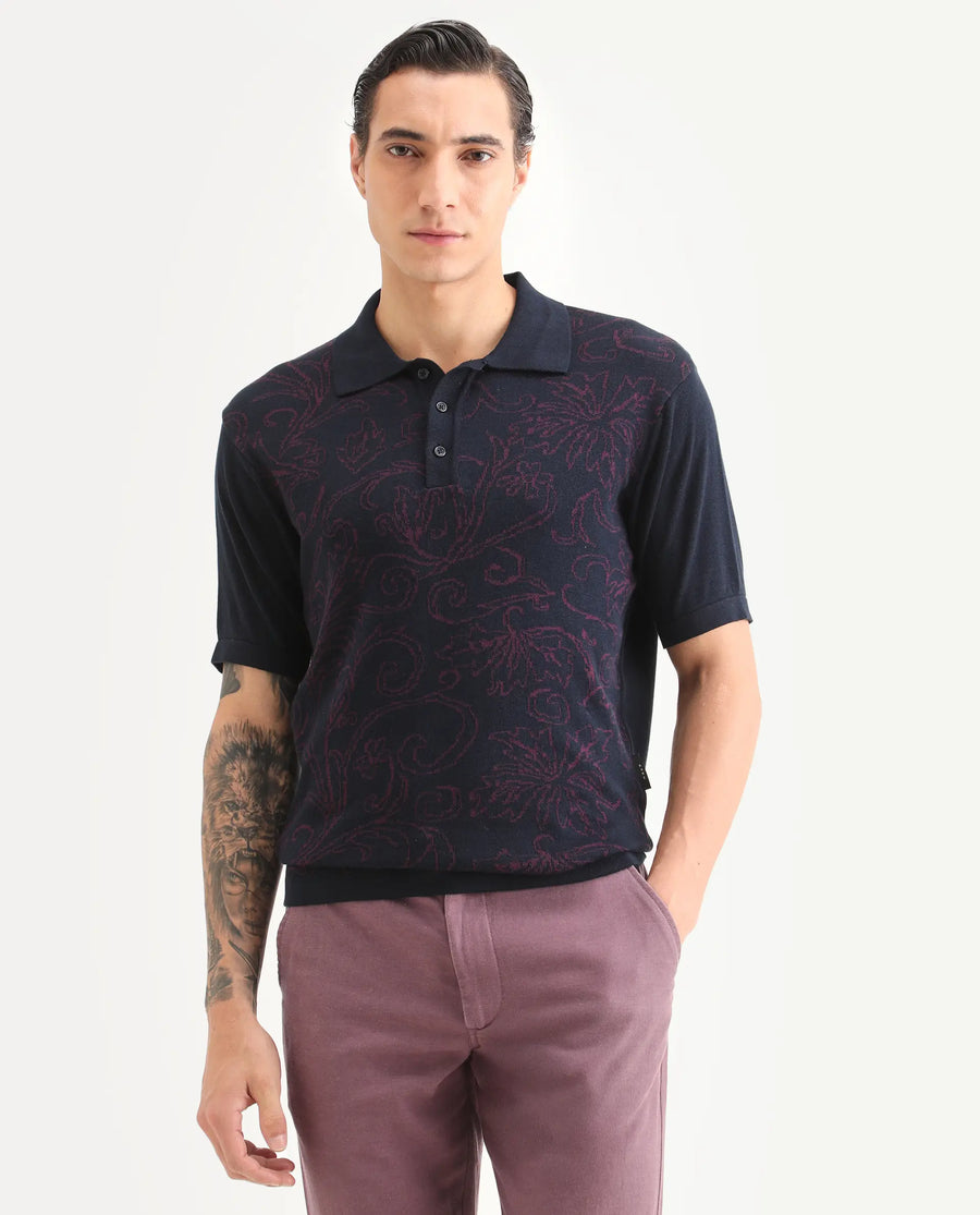 Rare Rabbit Men's Par Navy Cotton Fabric Full Sleeve Regular Fit Floral Print Polo