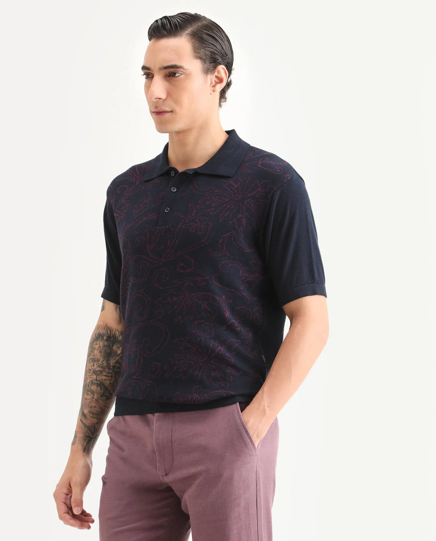 Rare Rabbit Men's Par Navy Cotton Fabric Full Sleeve Regular Fit Floral Print Polo