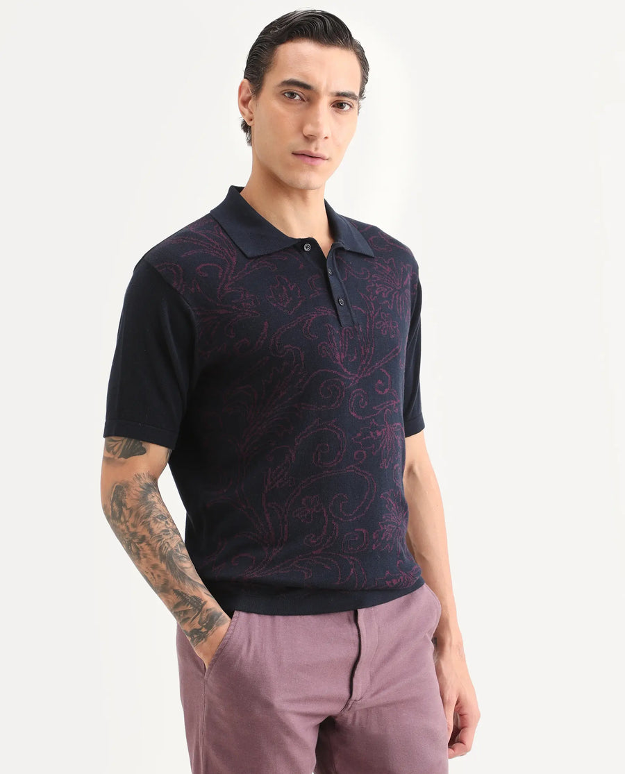 Rare Rabbit Men's Par Navy Cotton Fabric Full Sleeve Regular Fit Floral Print Polo