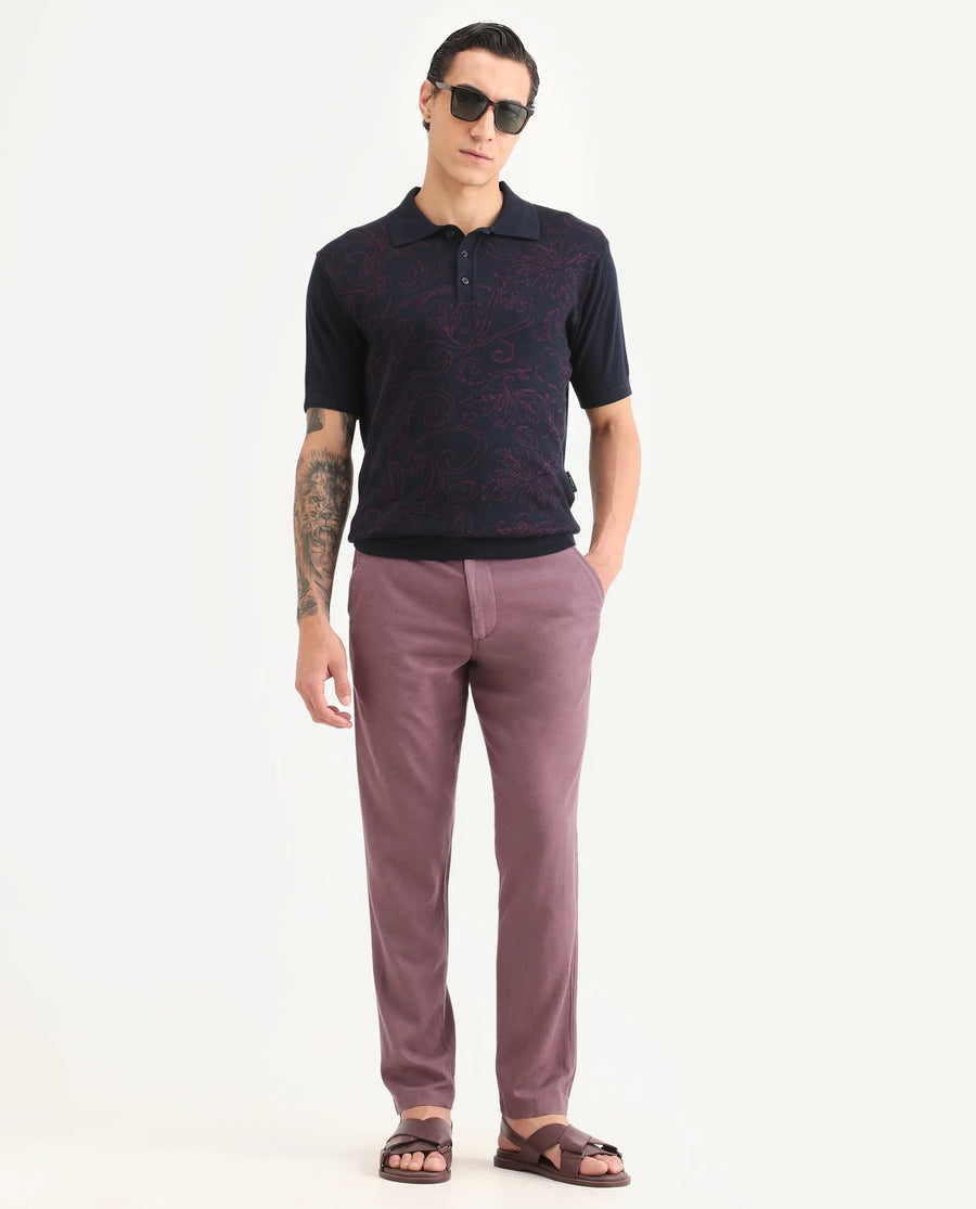 Rare Rabbit Men's Par Navy Cotton Fabric Full Sleeve Regular Fit Floral Print Polo