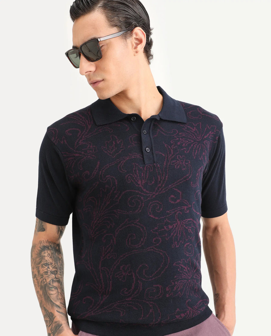 Rare Rabbit Men's Par Navy Cotton Fabric Full Sleeve Regular Fit Floral Print Polo