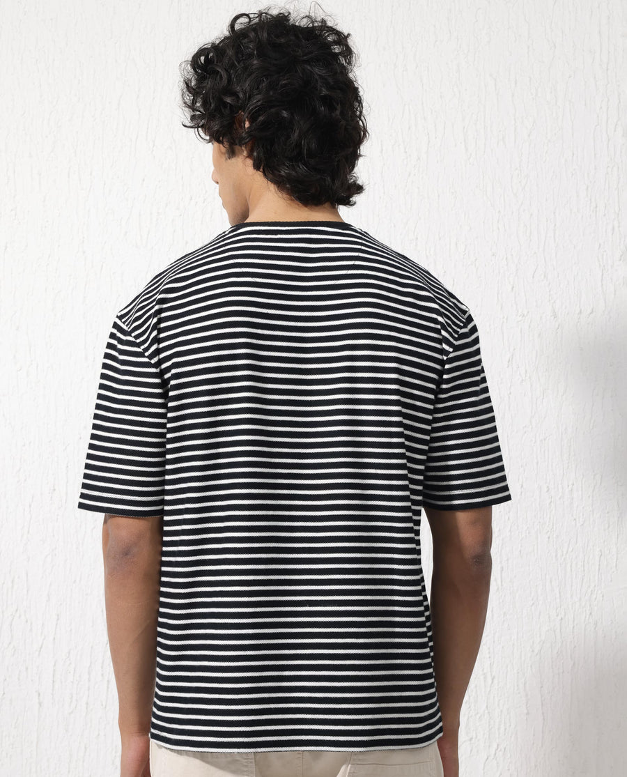 Rare Rabbit Men's Paskot Navy Cotton Striped Print Oversized Fit Half Sleeve Crew Neck T-Shirt