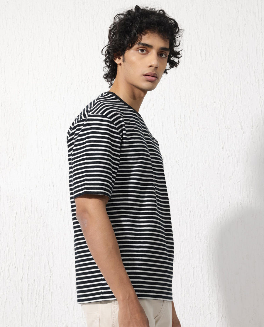 Rare Rabbit Men's Paskot Navy Cotton Striped Print Oversized Fit Half Sleeve Crew Neck T-Shirt