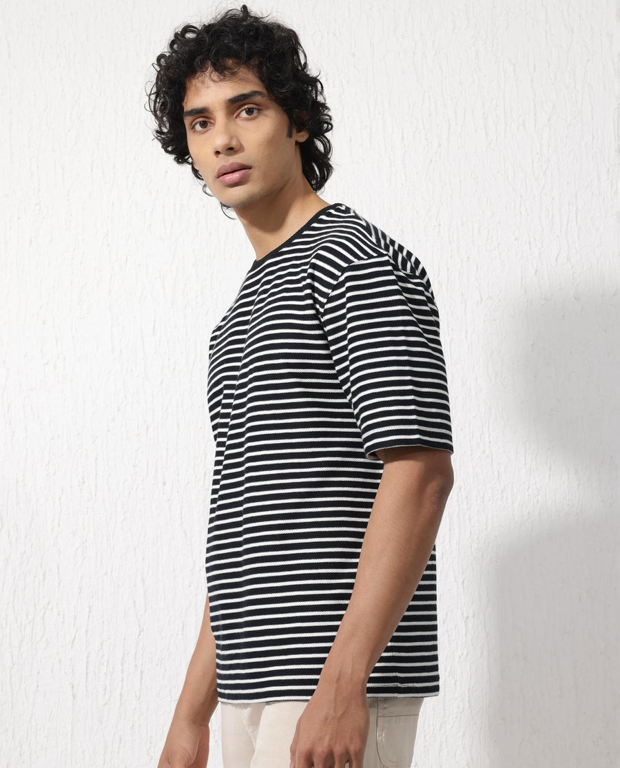 Rare Rabbit Men's Paskot Navy Cotton Striped Print Oversized Fit Half Sleeve Crew Neck T-Shirt