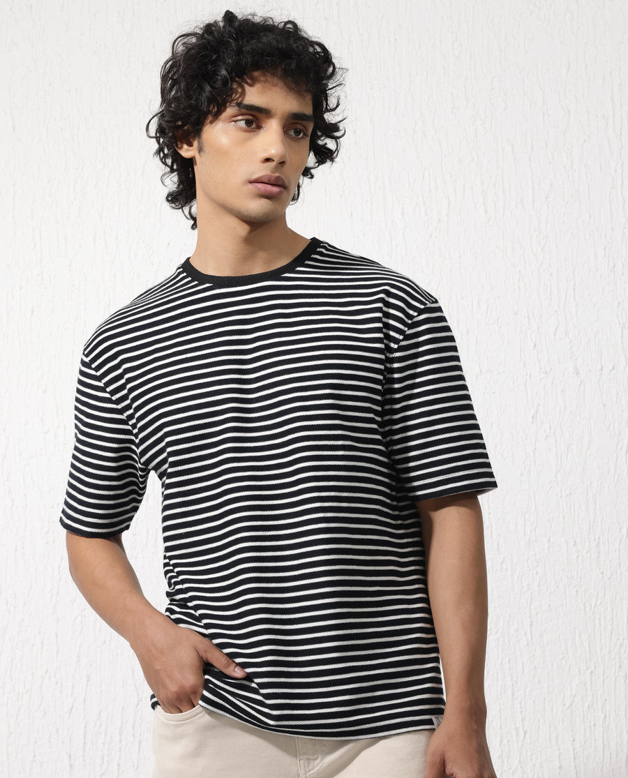 Rare Rabbit Men's Paskot Navy Cotton Striped Print Oversized Fit Half Sleeve Crew Neck T-Shirt