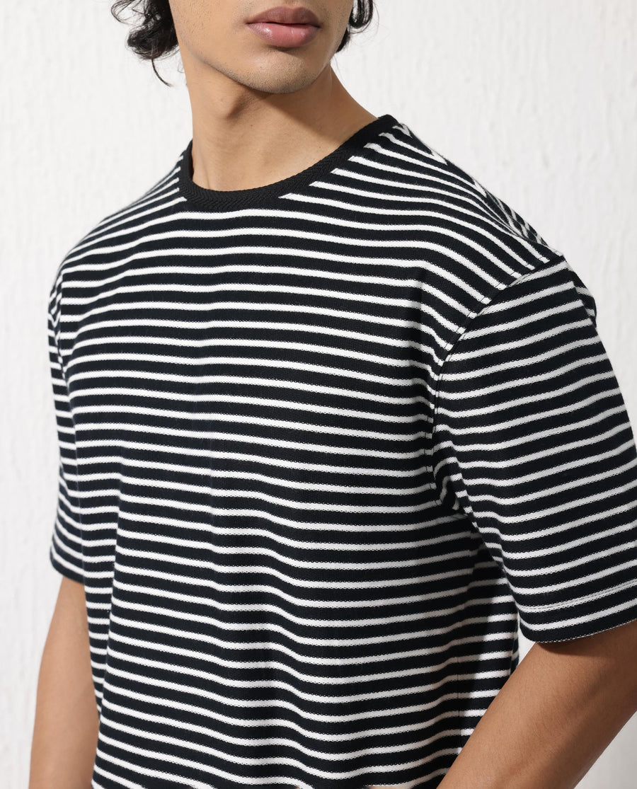 Rare Rabbit Men's Paskot Navy Cotton Striped Print Oversized Fit Half Sleeve Crew Neck T-Shirt