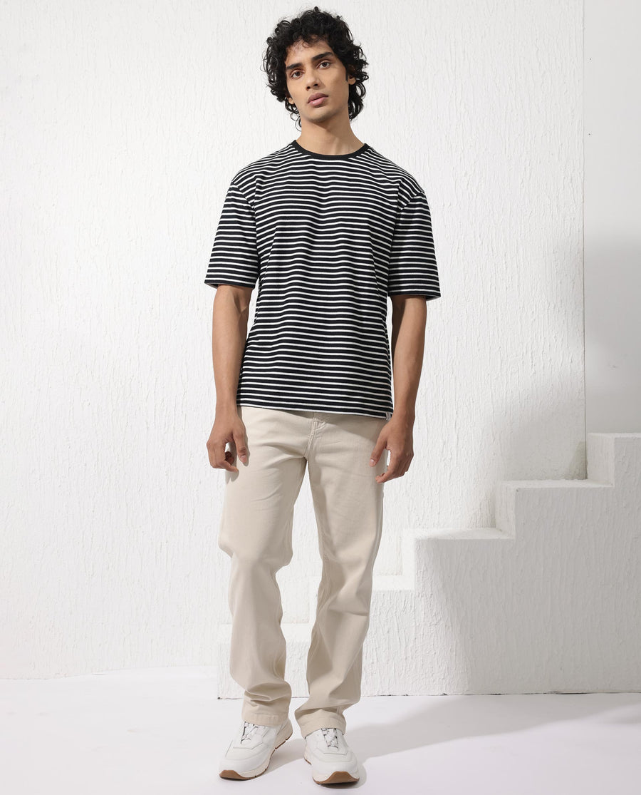 Rare Rabbit Men's Paskot Navy Cotton Striped Print Oversized Fit Half Sleeve Crew Neck T-Shirt