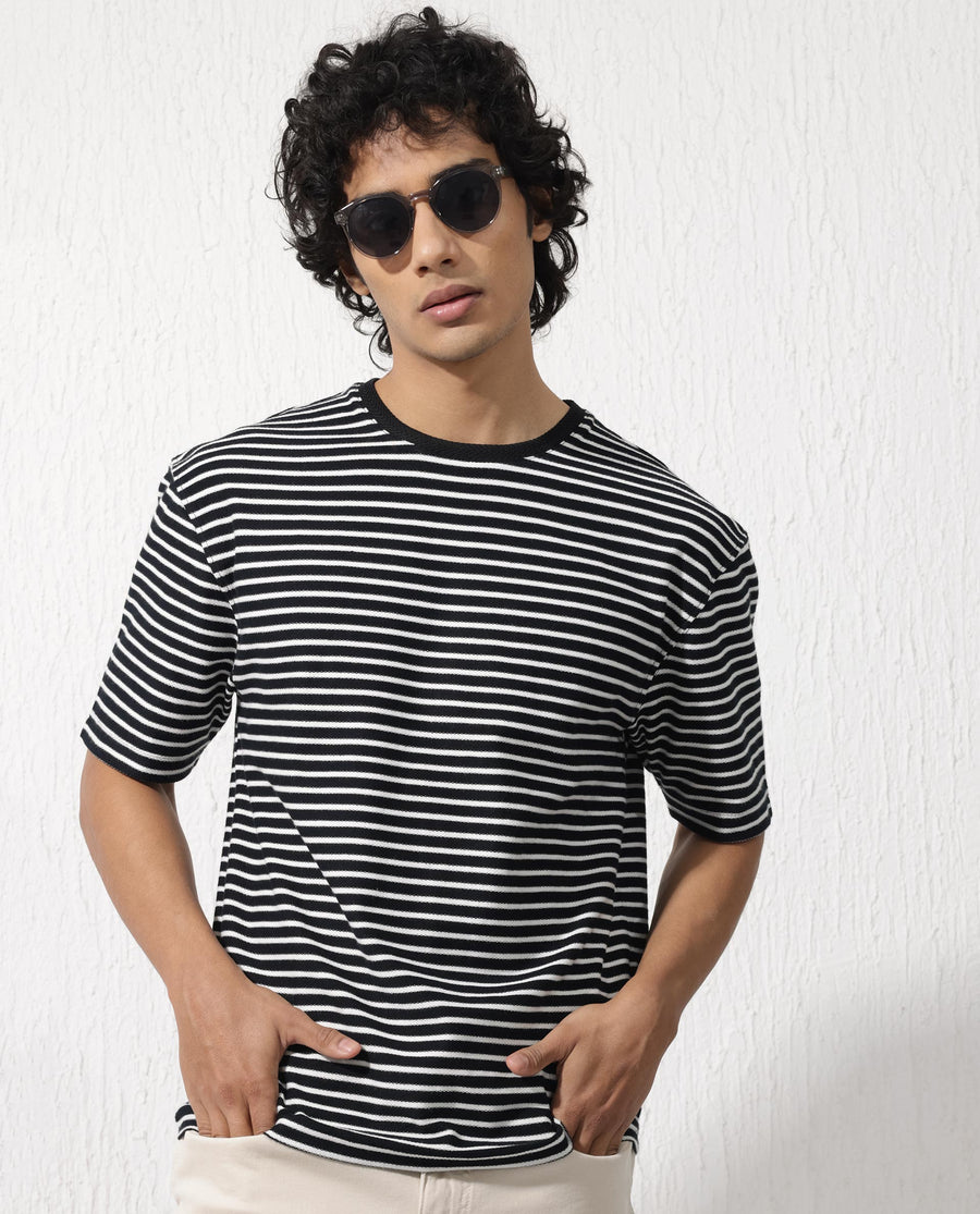 Rare Rabbit Men's Paskot Navy Cotton Striped Print Oversized Fit Half Sleeve Crew Neck T-Shirt