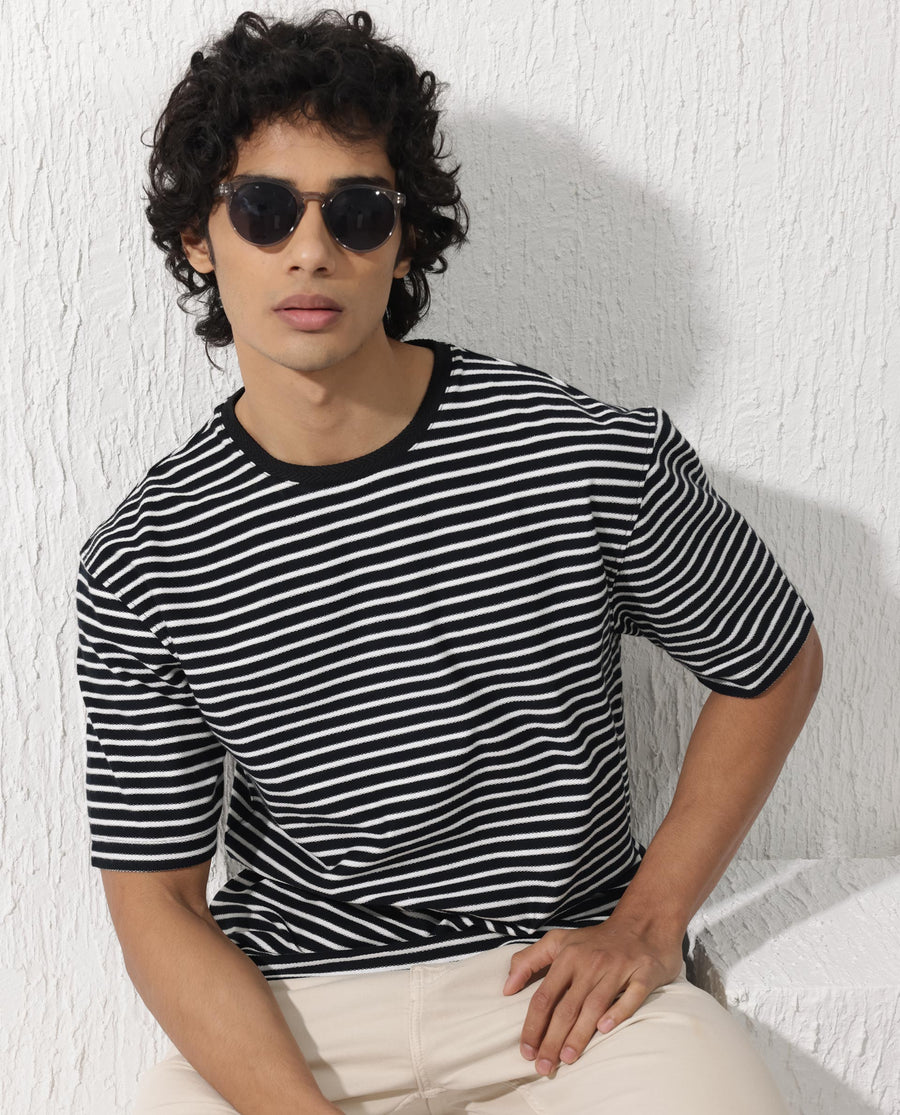 Rare Rabbit Men's Paskot Navy Cotton Striped Print Oversized Fit Half Sleeve Crew Neck T-Shirt