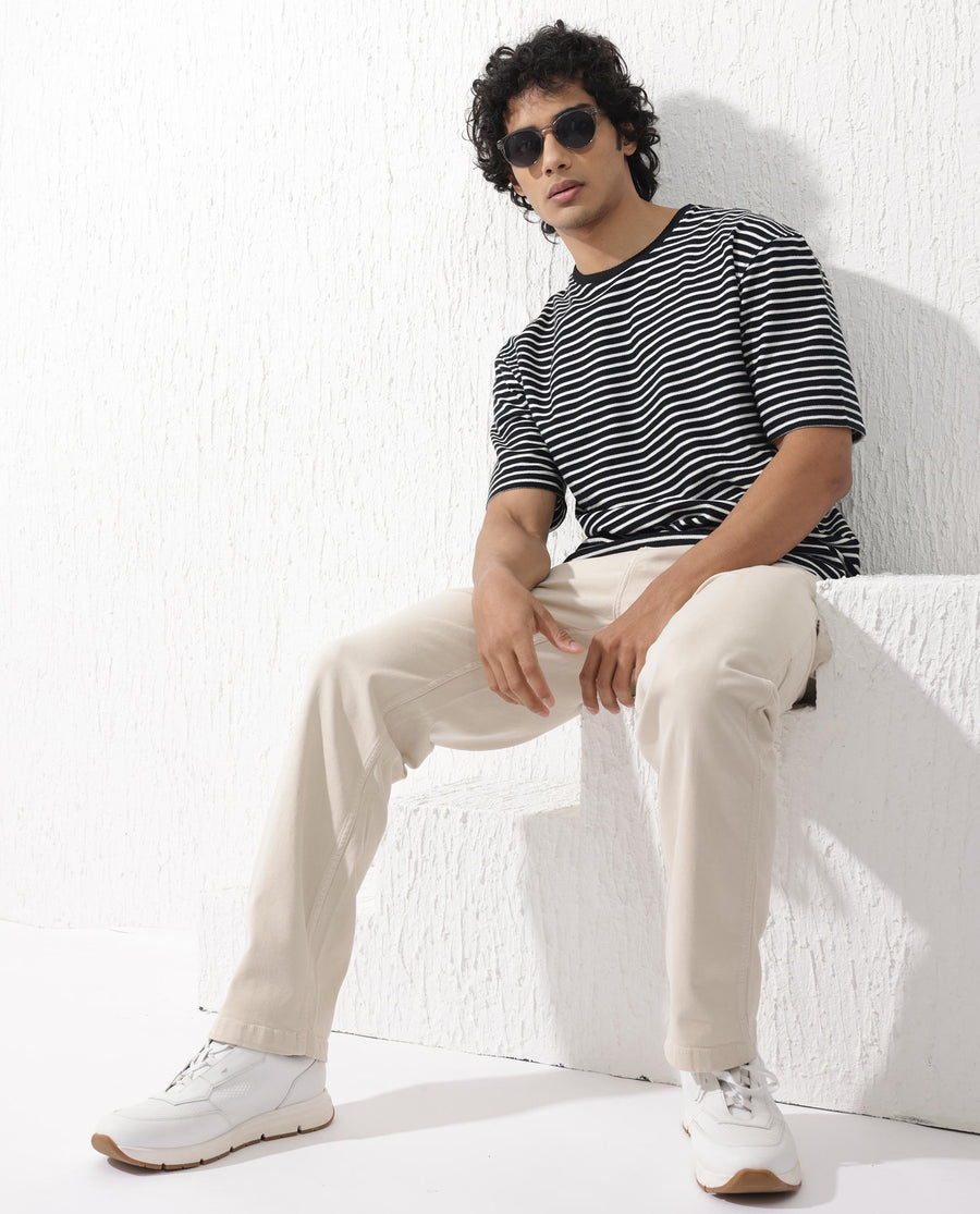 Rare Rabbit Men's Paskot Navy Cotton Striped Print Oversized Fit Half Sleeve Crew Neck T-Shirt