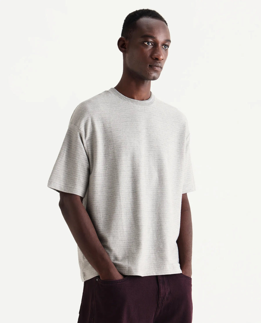 Rare Rabbit Men's Pasco Melange Grey Cotton Striped Print Oversized Fit Half Sleeve Crew Neck T-Shirt