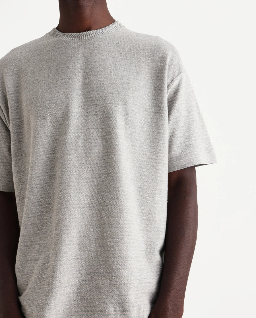 Rare Rabbit Men's Pasco Melange Grey Cotton Striped Print Oversized Fit Half Sleeve Crew Neck T-Shirt