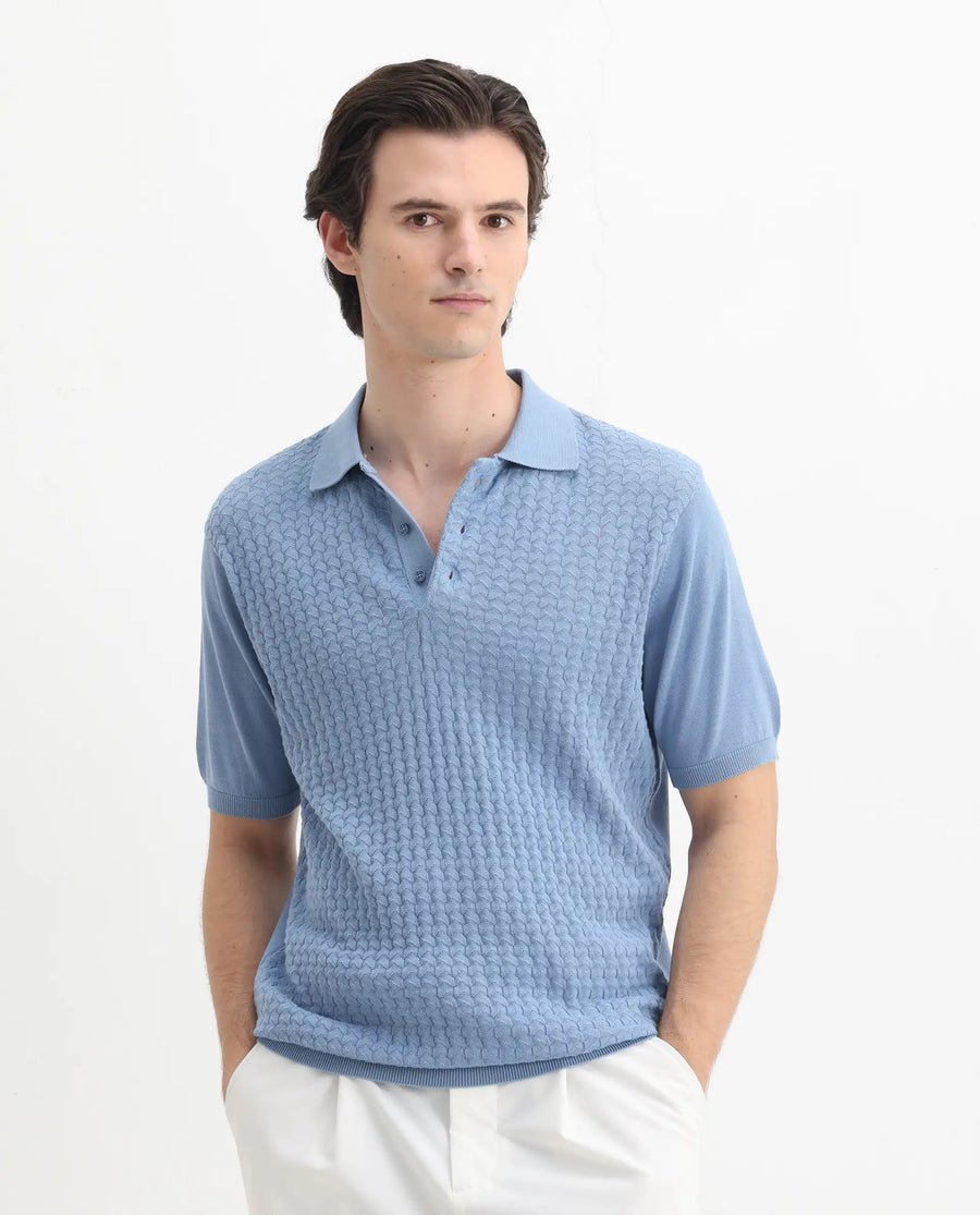 Rare Rabbit Men's Pasto Dusky Blue Cotton Textured Regular Fit Half Sleeve Polo