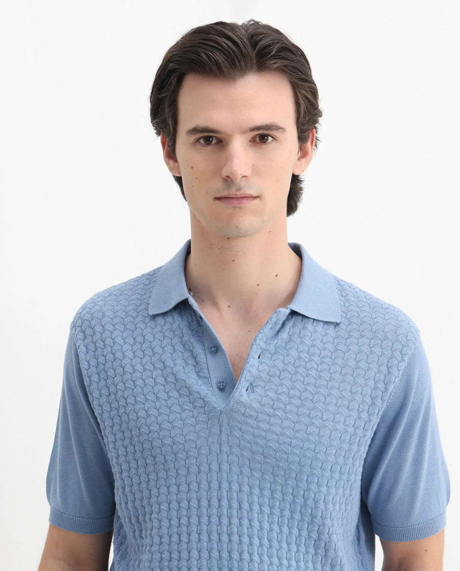 Rare Rabbit Men's Pasto Dusky Blue Cotton Textured Regular Fit Half Sleeve Polo