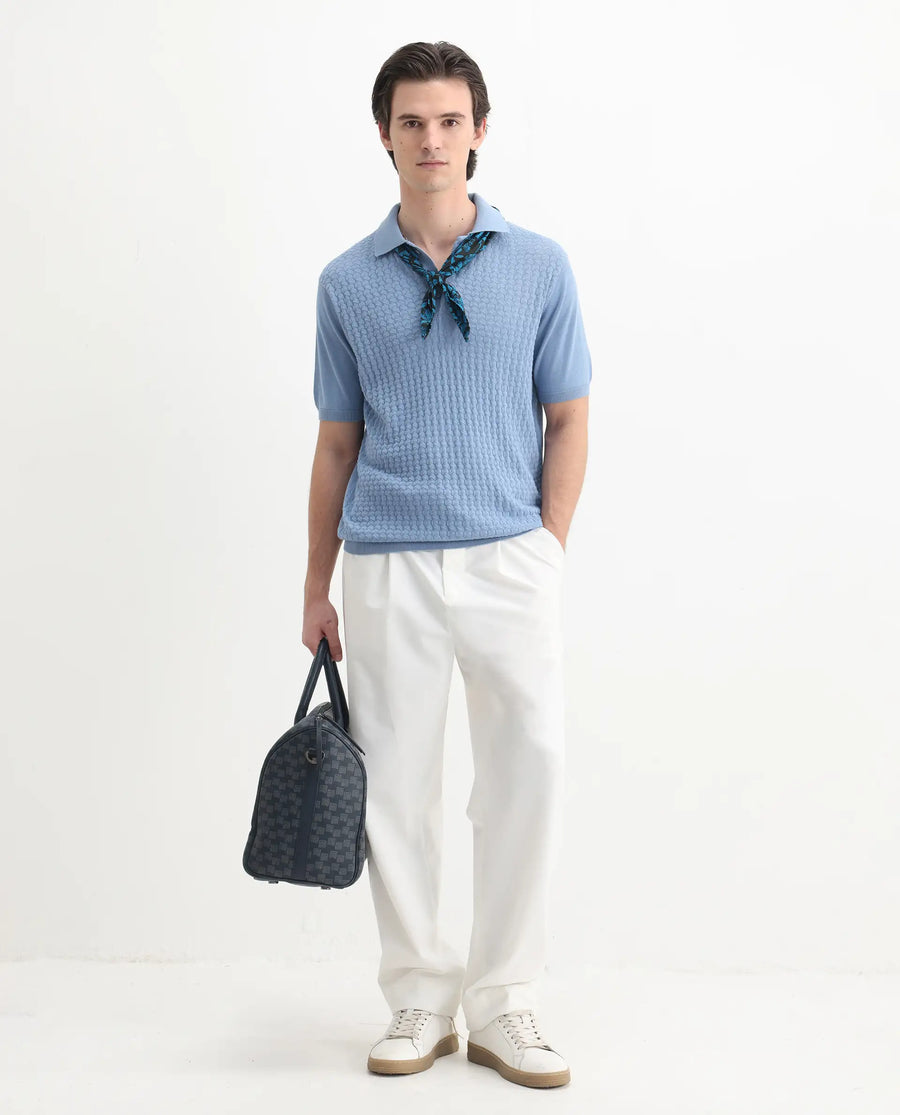 Rare Rabbit Men's Pasto Dusky Blue Cotton Textured Regular Fit Half Sleeve Polo