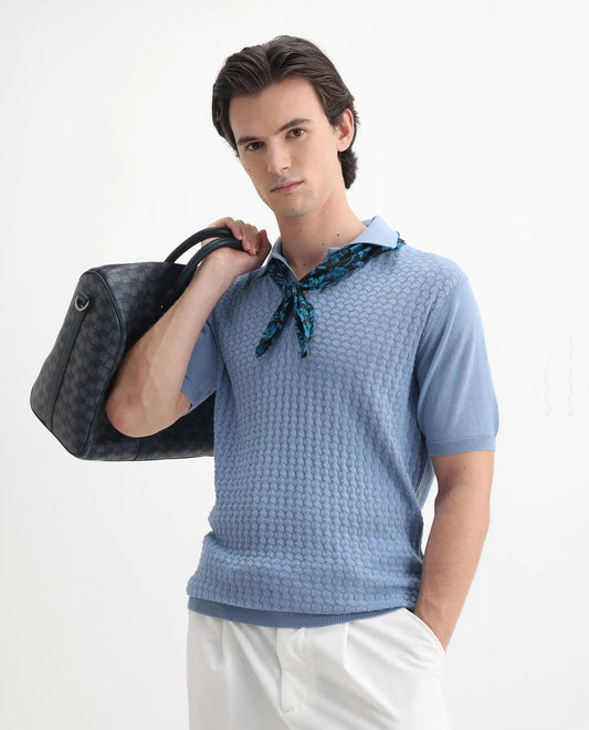 Rare Rabbit Men's Pasto Dusky Blue Cotton Textured Regular Fit Half Sleeve Polo