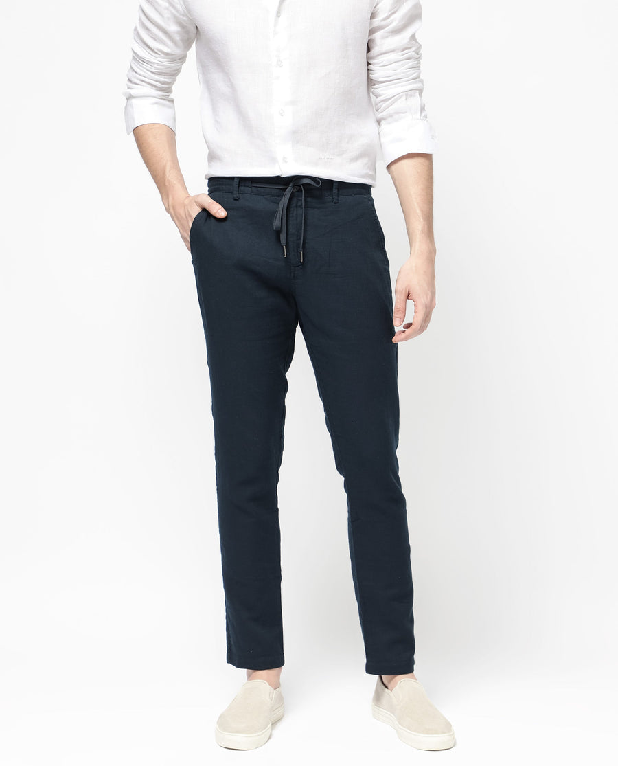 Rare Rabbit Men's Pastor 2 Navy Cotton Plain Regular Fit Trouser