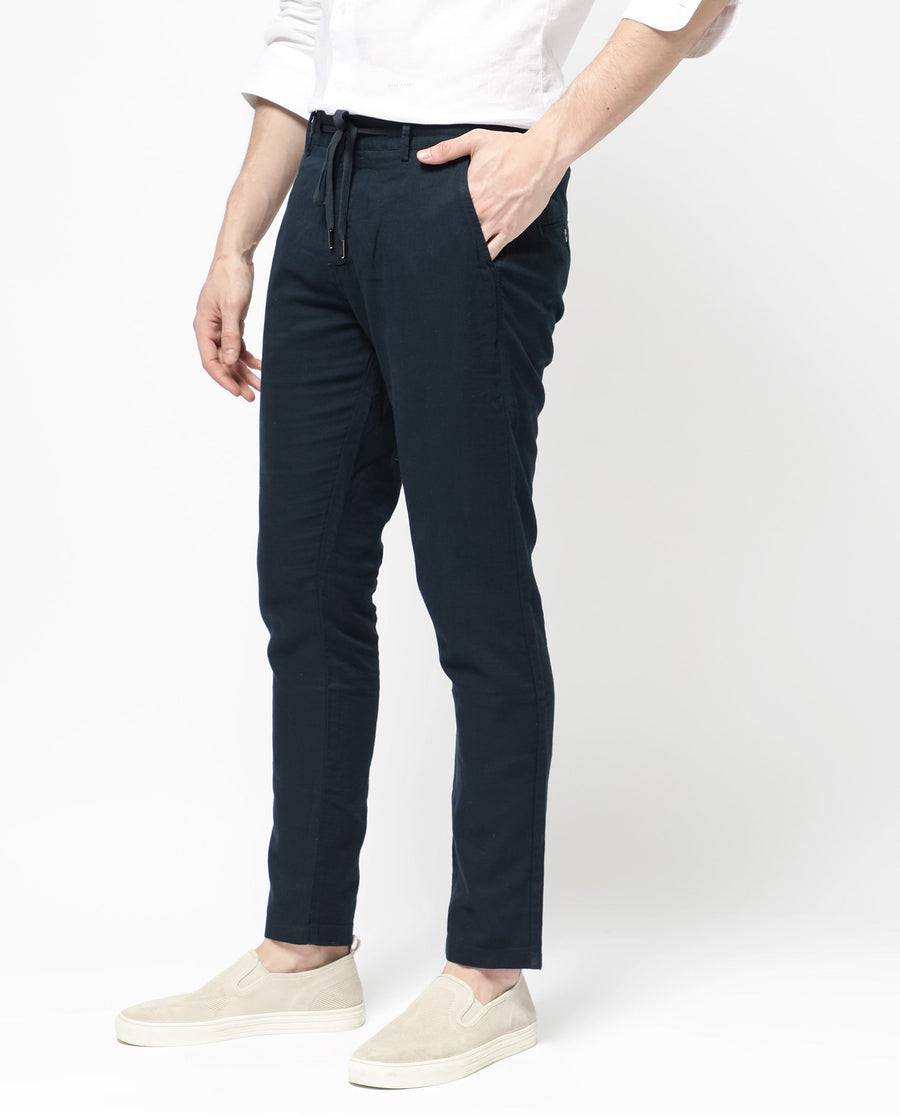 Rare Rabbit Men's Pastor 2 Navy Cotton Plain Regular Fit Trouser
