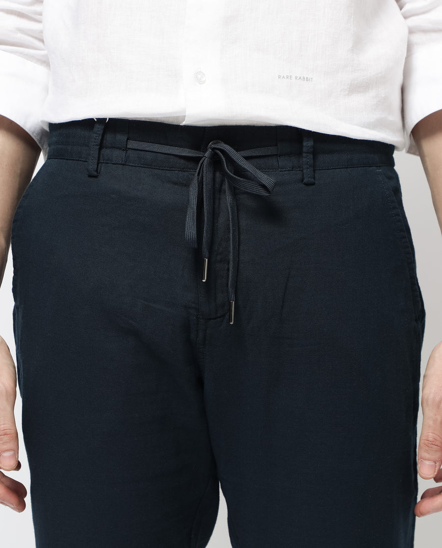 Rare Rabbit Men's Pastor 2 Navy Cotton Plain Regular Fit Trouser
