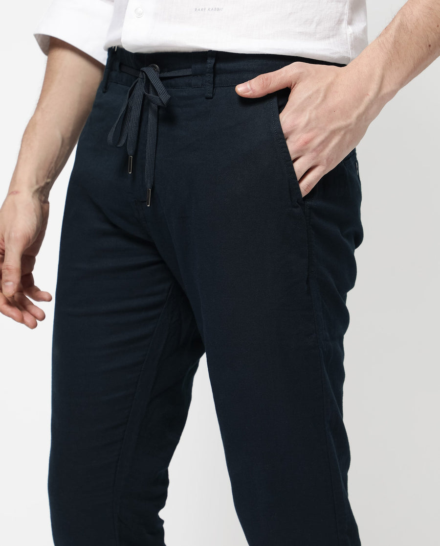 Rare Rabbit Men's Pastor 2 Navy Cotton Plain Regular Fit Trouser