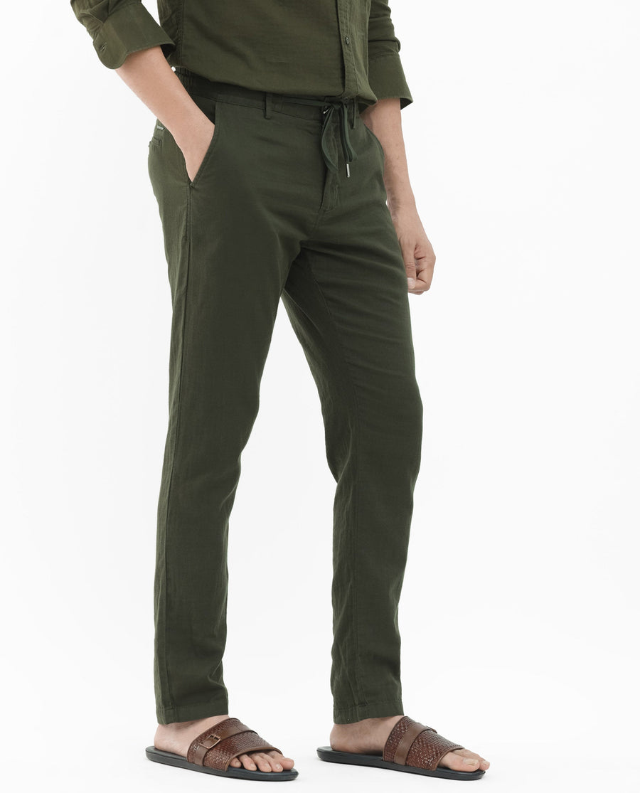 Rare Rabbit Men's Pastor 2 Olive Cotton Plain Regular Fit Trouser