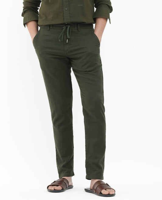 Rare Rabbit Men's Pastor 2 Olive Cotton Plain Regular Fit Trouser